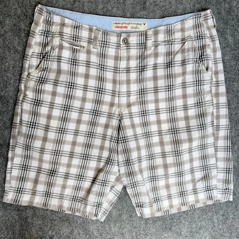 American Eagle Longboard Mens 38 Gray White Plaid Cargo Shorts Cotton Flat Front